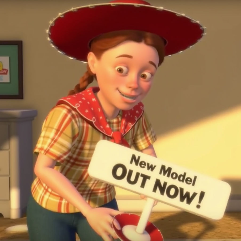 Emily from Toy Story, a young girl with her reddish brown hair styled in a ponytail tied with a red ribbon is wearing a plaid shirt with yellow, red, and beige tones and a red scarf around her neck, blue shorts, and brown cowboy boots, she’s holding a sign that reads “New Model Out Now!”