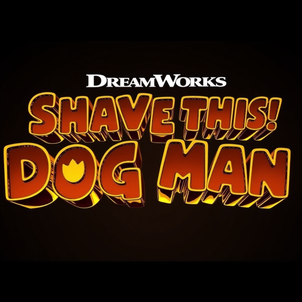 The image shows the title "SHAVE THIS! DOG MAN" in bold, orange, 3D letters with a yellow outline, set against a dark background. Above the title is the DreamWorks logo in white. This likely represents a promotional title card for a DreamWorks production related to "Dog Man."