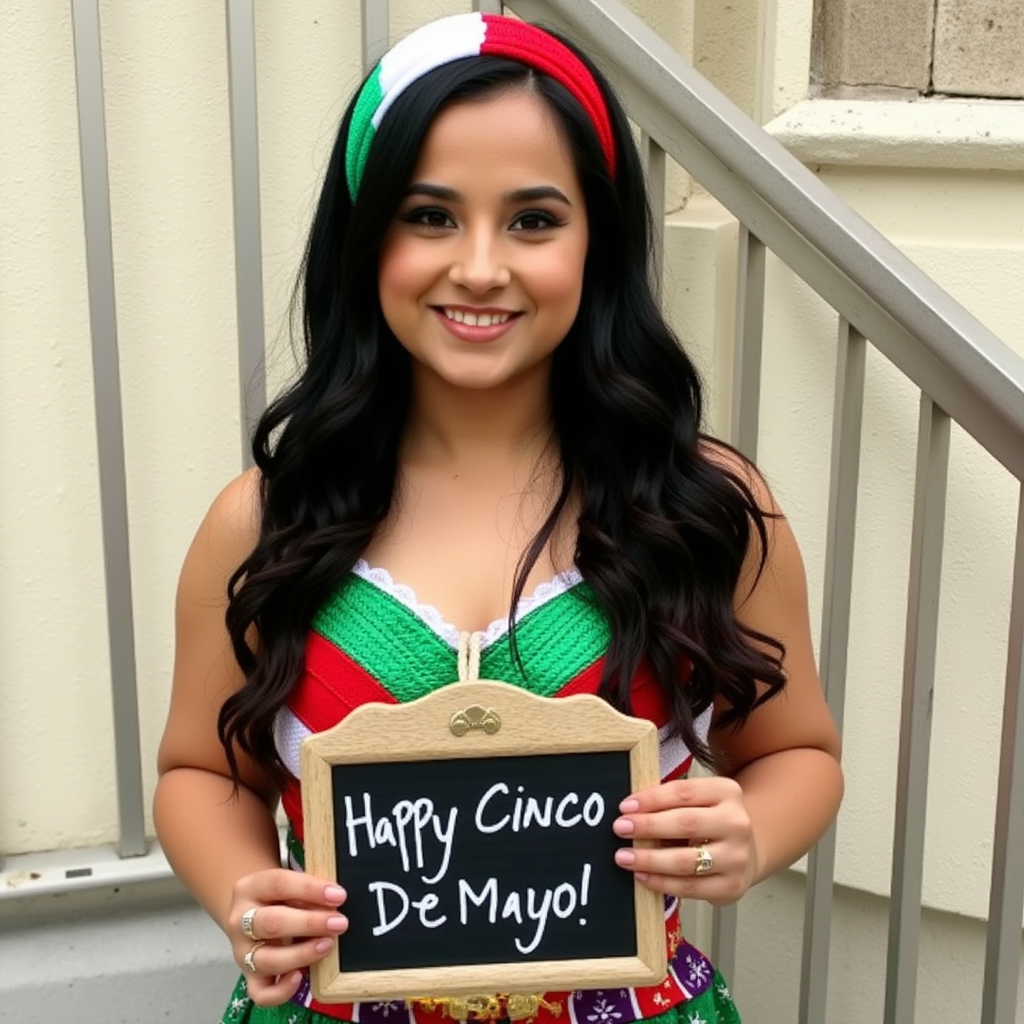 Becky G has black wavy hair, wearing a green, white, and red headband, and wears a green, white, and red dress. She is holding a small chalkboard that says "Happy Cinco De Mayo!"