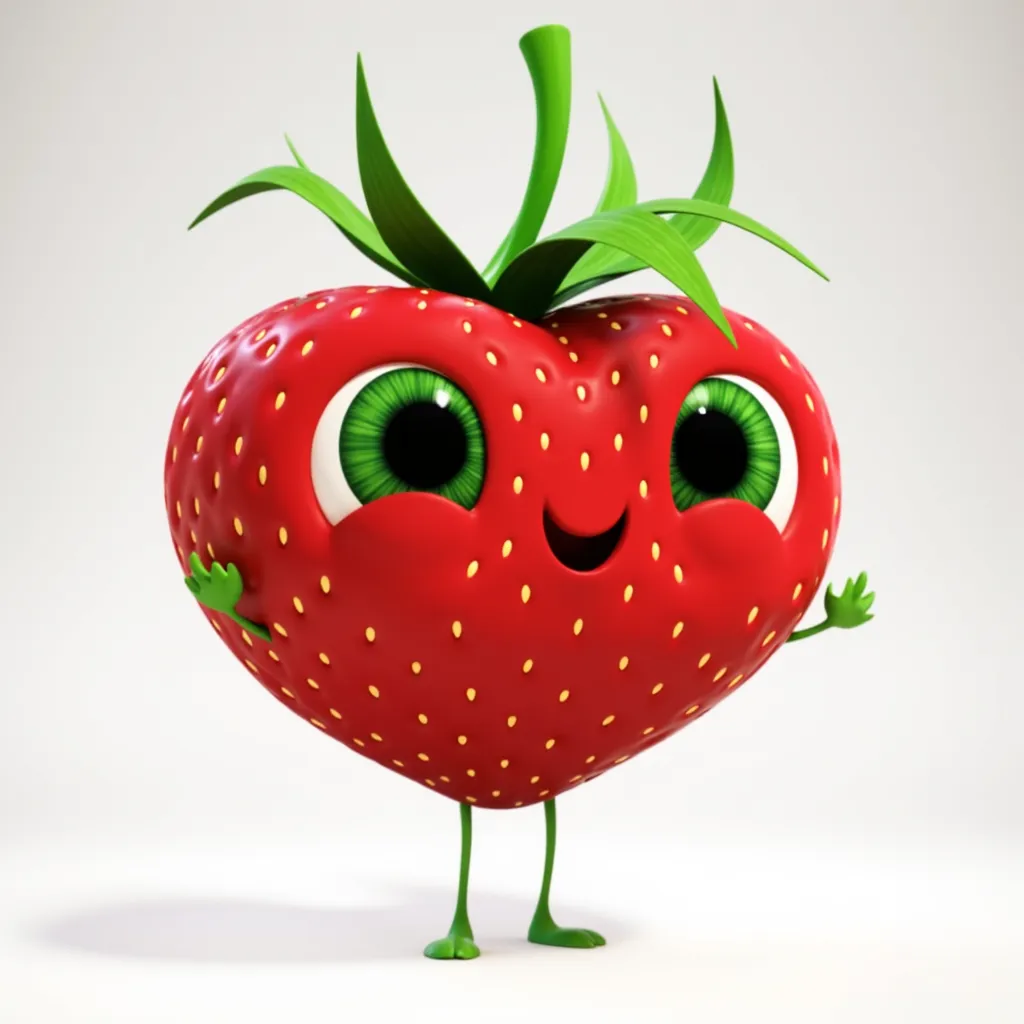 Barry the Strawberry. A cartoon strawberry character with large green eyes and a cheerful expression. The strawberry has a vivid red color with tiny seeds and a leafy top, standing on two thin legs.