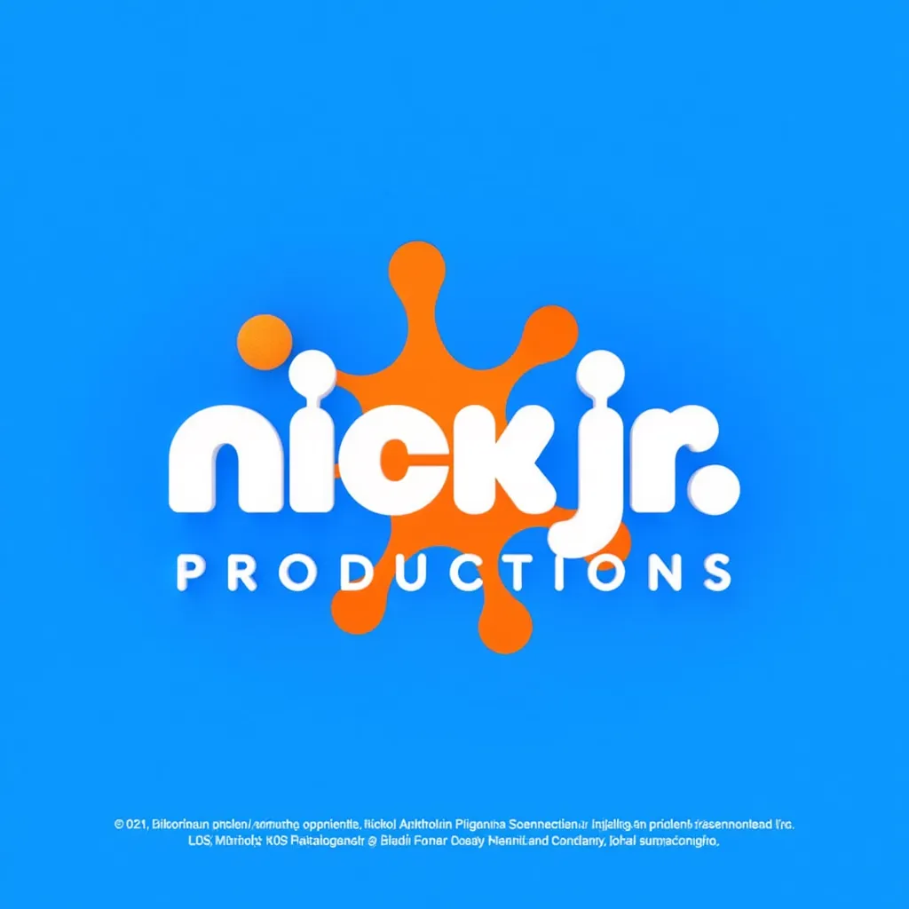 Nick Jr logo featuring bold, white lettering on a vibrant Blue background. An uneven, orange splatter shape is behind the text, with a small orange circle to the left. The word "PRODUCTIONS" is written below in smaller white letters. Small copyright text is located at the bottom, indicating 2024 Paramount International Inc.
