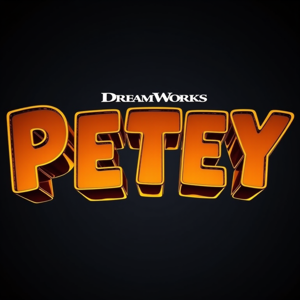 The image shows the title "PETEY" in bold, Orange, 3D letters with a dark Orange outline, set against a dark background. Above the title is the DreamWorks logo in white. This likely represents a promotional title card for a DreamWorks production related to "Petey."