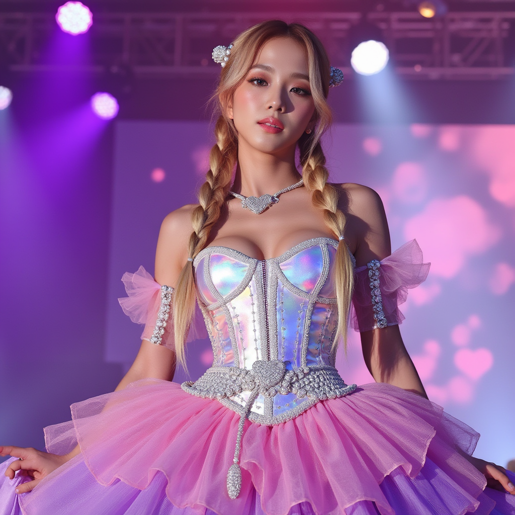 Jisoo ’s outfit will feature a puffed tulle skirt in layers of iridescent pink and violet, matched with a holographic corset top with pixelated heart cut-outs. Her sleeves are detached and sheer, adorned with glowing thread and beadwork. A belt shaped like a broken crown hangs from her waist. Her honey-blonde hair is styled into oversized twin braids, threaded with LED fiber lights. Glitter under her eyes and a lip gloss that shifts color under stage light complete the look. Her boots? Glittery, platf