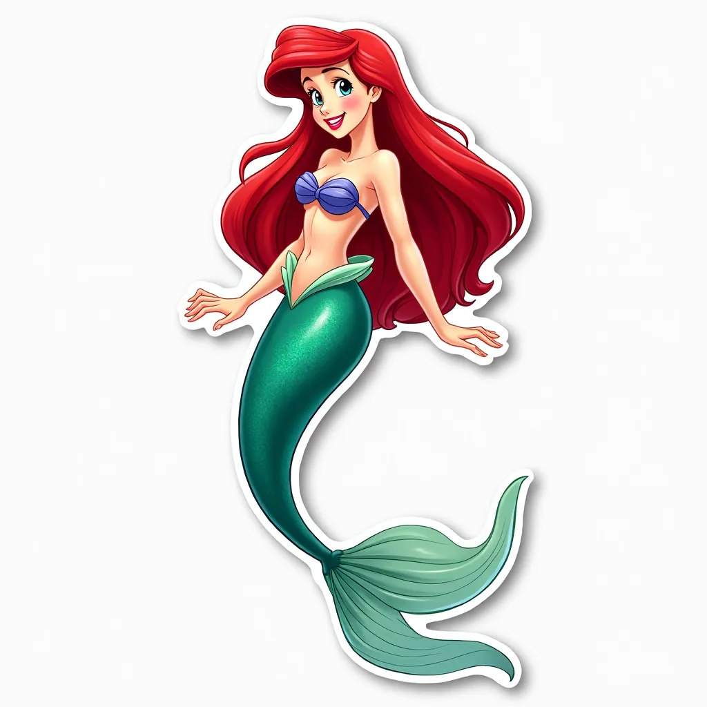 Disney Princess Ariel on a white background, sticker, vibrant colors, digital illustration, no background, full character, highly detailed, well-defined lines, sharp focus.