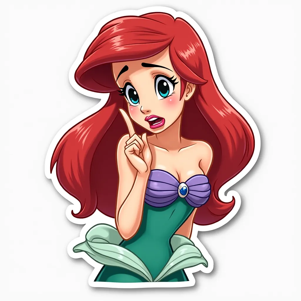 Disney Princess Ariel, Middle finger up, looking annoyed, on a white background, sticker, vibrant colors, digital illustration, no background, full character, highly detailed, well-defined lines, sharp focus.