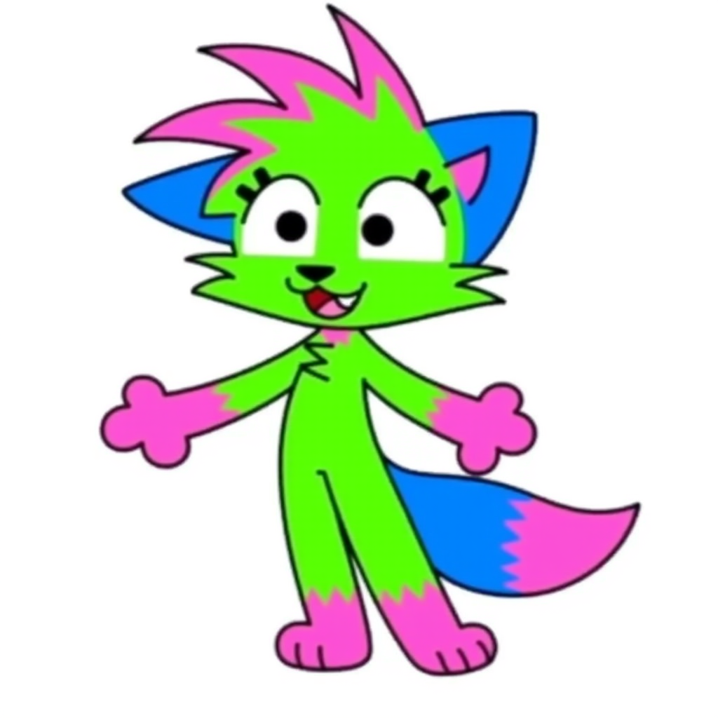 Kevin, colorful cartoon-style anthropomorphic fox design. The fox has a bright green body, pink accents on its hands, feet, pink tail tip, and hair spikes, and blue ears and blue tail. It features wide, round eyes and a playful expression.