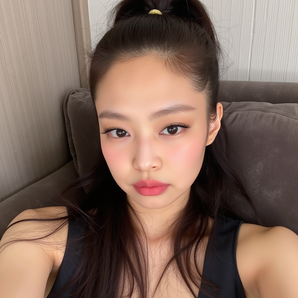 A selfie of Jennie Kim relaxing on her couch, striking a casual pose while sitting (confident pose with a frozen expression) and her hair in High ponytail, wild pose, close-up selfie