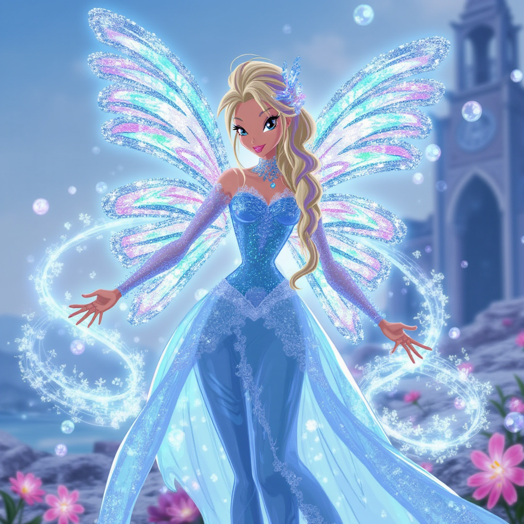Hyper-realistic magical portrait of Elsa as a powerful Winx fairy, mid-transformation in a crystalline sky realm. She wears an elaborate, shimmering fairy outfit—a translucent, ice-blue corset with delicate frost embroidery, layered over flowing skirts of ethereal fabric that glisten like fresh snow under sunlight. Intricate wings extend behind her, shaped like delicate snowflakes, semi-transparent with refracted rainbow colors, glowing softly at the edges. Her braid sparkles with embedded crystalline beads, woven with strands of aurora light. Floating magical sigils orbit around her hands as she conjures swirling spirals of frost magic, forming snowflake projectiles in mid-air. Background: a floating palace of ice surrounded by glowing orbs, arctic flowers blooming in impossible colors. Mood: graceful, powerful, regal, with the elegance of Winx transformations but infused with Elsa’s unique, serene strength.