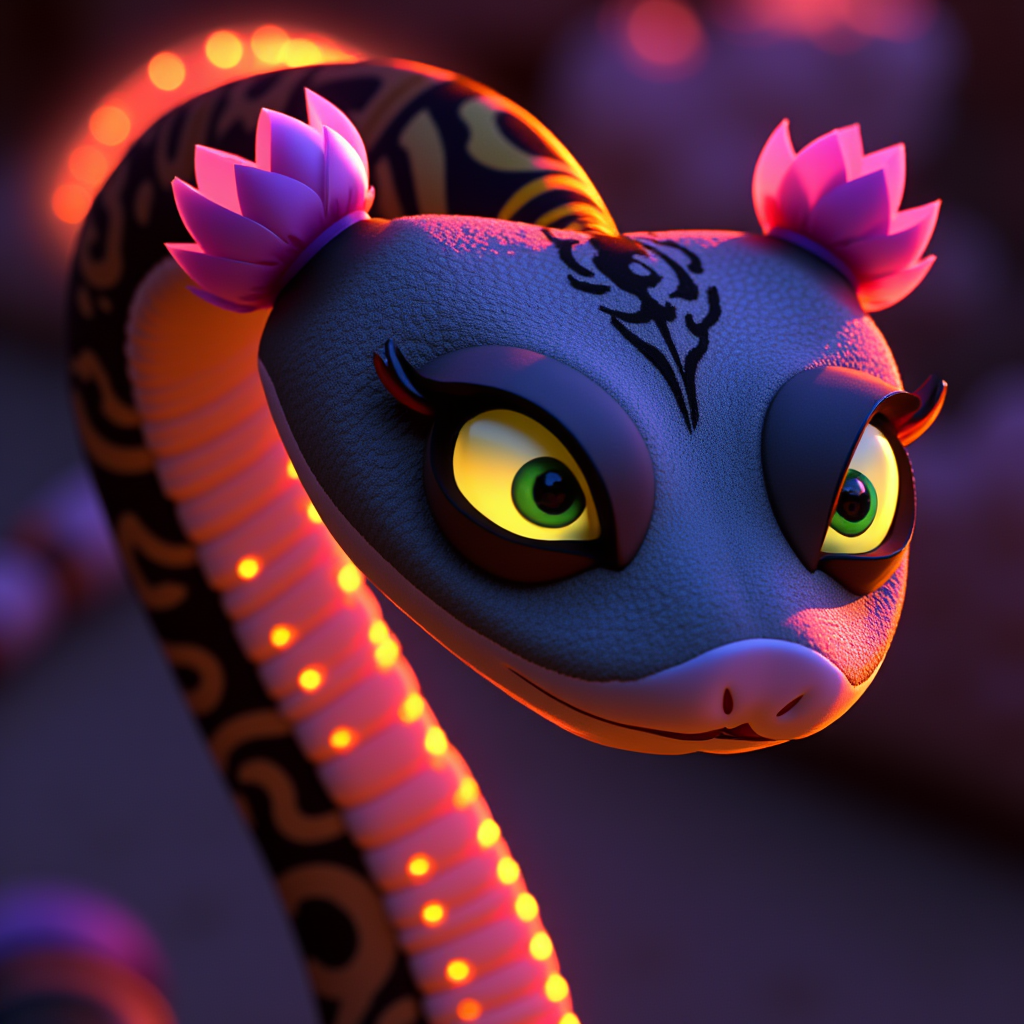 a hyper-realistic full body master viper from kung fu panda in a neon style, glowing, majestic, flattered