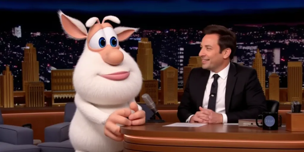 Jimmy Fallon Talk Show With Booba with white fur, two beige antennas, large blue eyes, an tail, wide ears, bulbous nose, beige eyebrows, prominent hands and feet. In the show there are two characters, one is Buba who is next to a man who is going to talk about him and the man. The man has brown hair, wears a white t-shirt, a black work sweatshirt and a black tie.The part of Booba have to be by the man's side