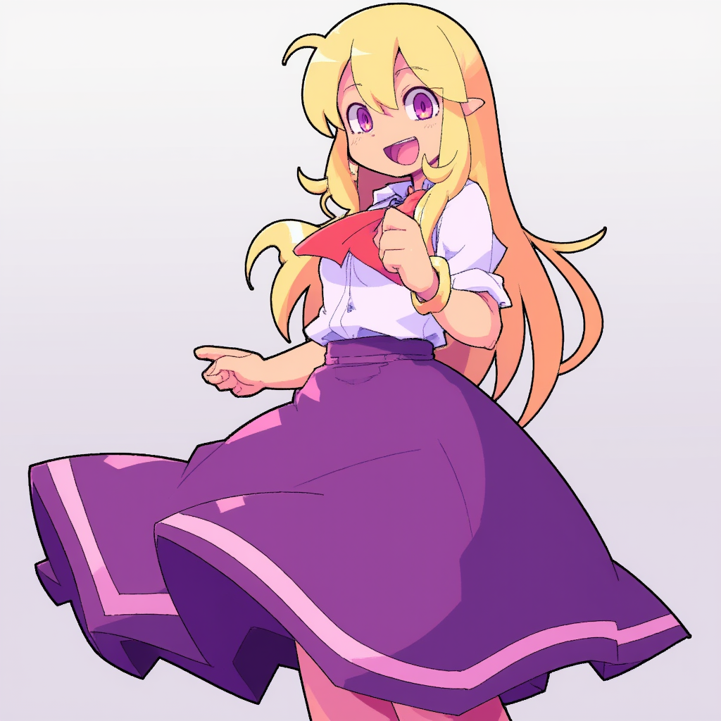 bacun_style a girl with long blonde hair, wearing a school uniform and a long purple ruffled skirt