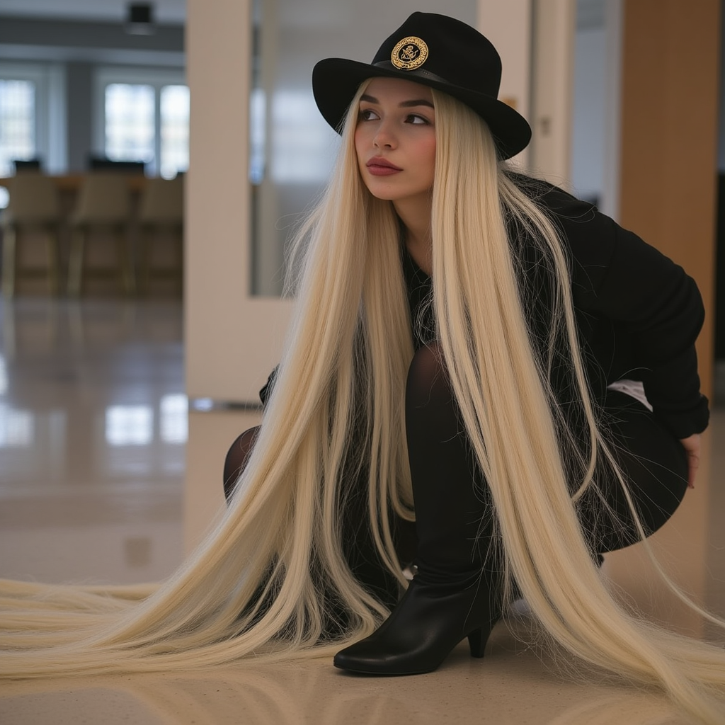 Ava Max with extreme long hair reaching to the floor