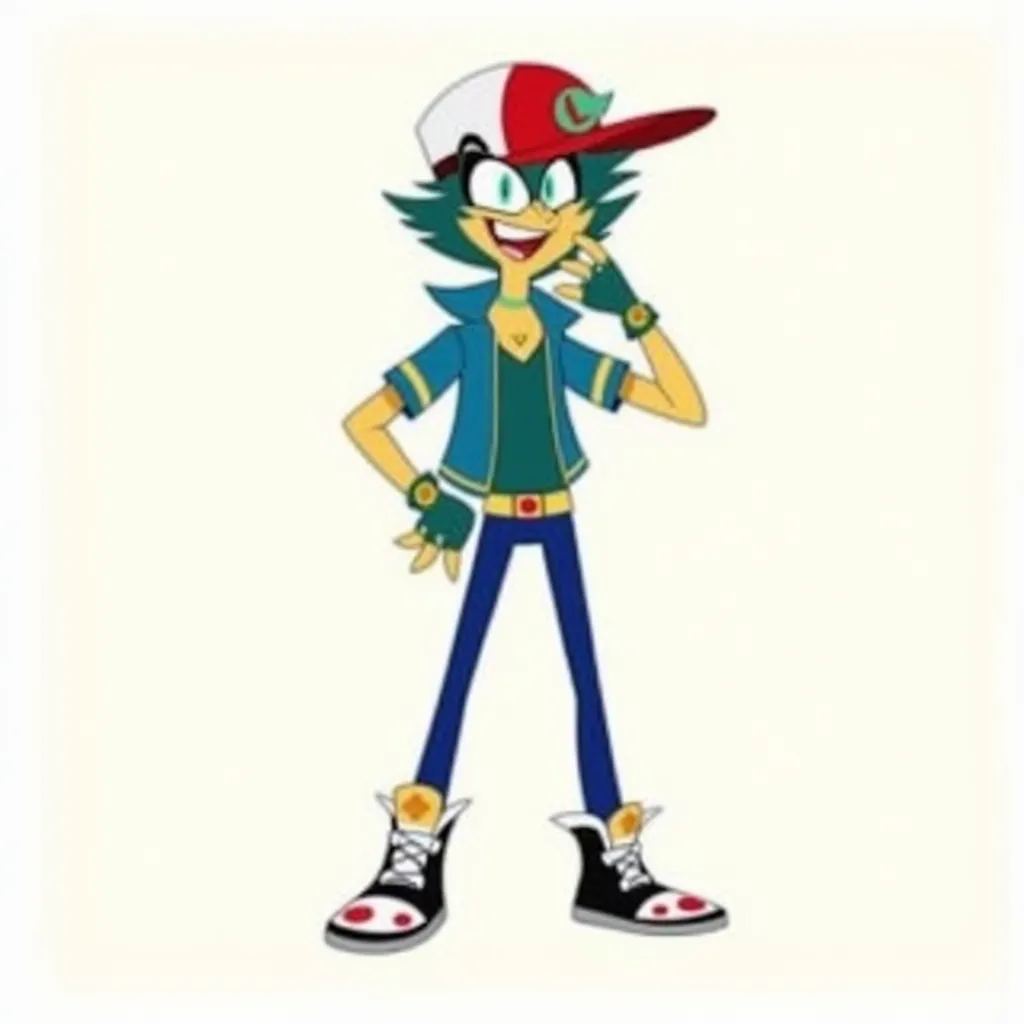 Ash wore a blue short-sleeved jacket with gold trim, white collar and sleeves, a dark teal T-shirt, blue jeans with light blue cuffs, black and white sneakers with red dots, green fingerless gloves with light green borders, and a red and white hat with a green stylized "L".