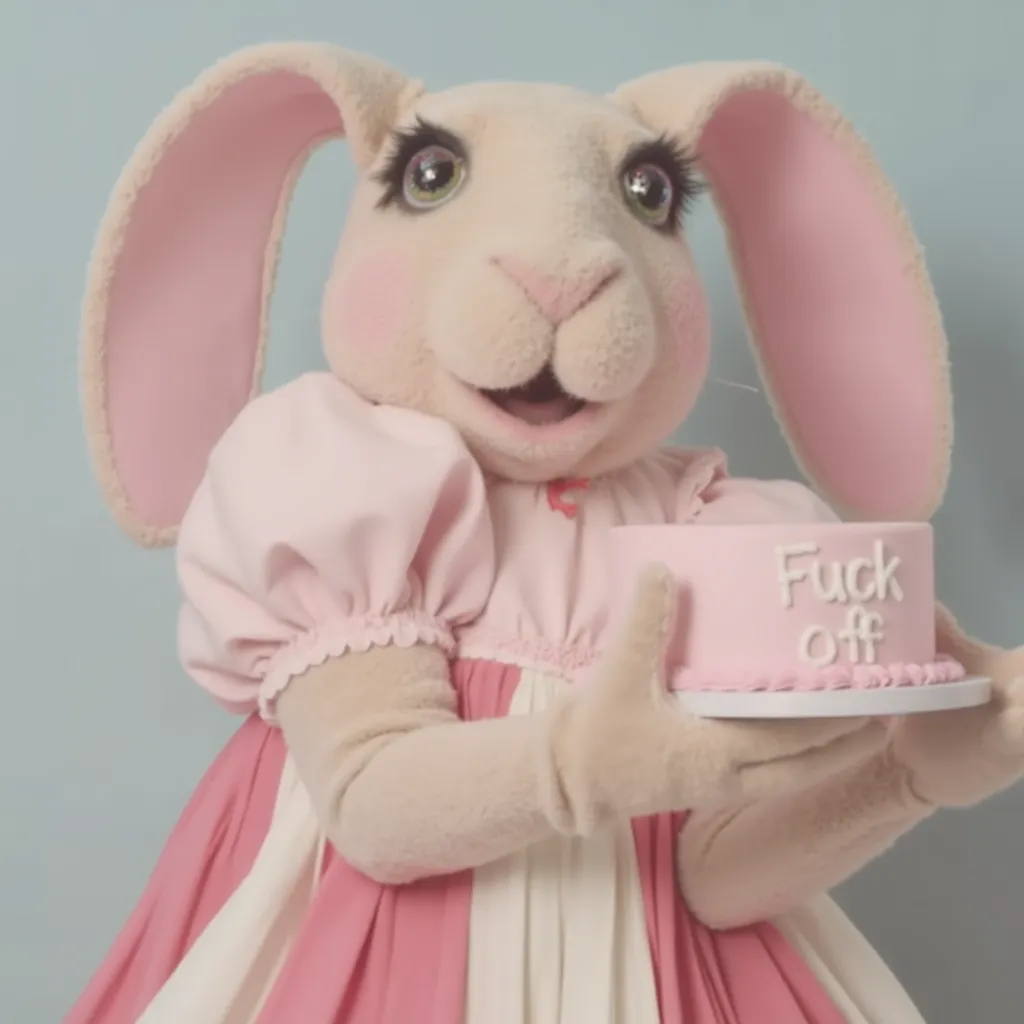 Bakery bunny, holding a cake that says ”fuck off” in icing