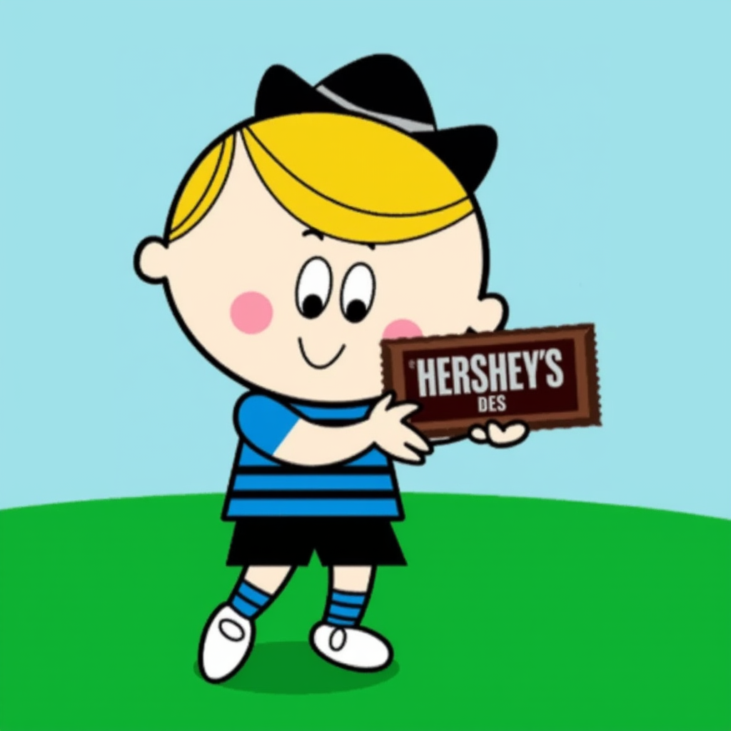 Paulinho (TV Excelsior), a cartoon character with a round face, bright yellow hair, and a black hat. He is dressed in a blue and black striped shirt, black shorts, and striped socks with white shoes. holding a chocolate bar labeled "Hershey’s" The background is a bright green field with a blue sky above.