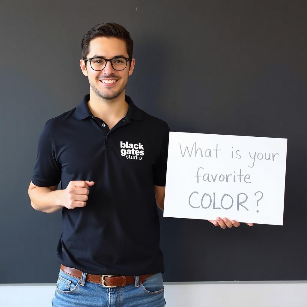 the guy with the black shirt with the logo on it, saying black gates studio, detailed, wearing jeans and glasses, holding a sign saying "What is your favorite color?" detailed words