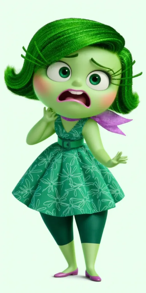 disgustinsideout, fuzzy, light green skin, green hair, pink blush, bucktooth, green eyes, long eyelashes, pink lipstick, emerald green dress with floral pattern and green belt, dark green leggings, purple shoes, purple scarf, screaming, sad