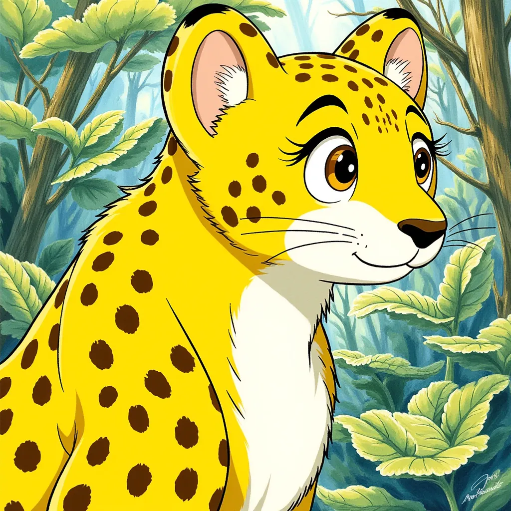 Yellow leopard, cartoon character, Osamu Tezuka style, vibrant and dynamic jungle setting, digital illustration, anime-inspired, cel-shaded, Studio Ghibli influences, side view, 35mm lens, vibrant colors, intricate linework, detailed fur texture, golden lighting.