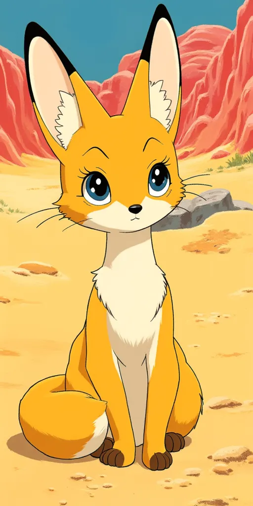 Fennec fox, digital illustration, retro anime, vibrant desert background, art style inspired by Osamu Tezuka, cell shading, bold outlines, exaggerated expressions, bright colors, intricate details, wide angle, high resolution, UHD, ambient light.
