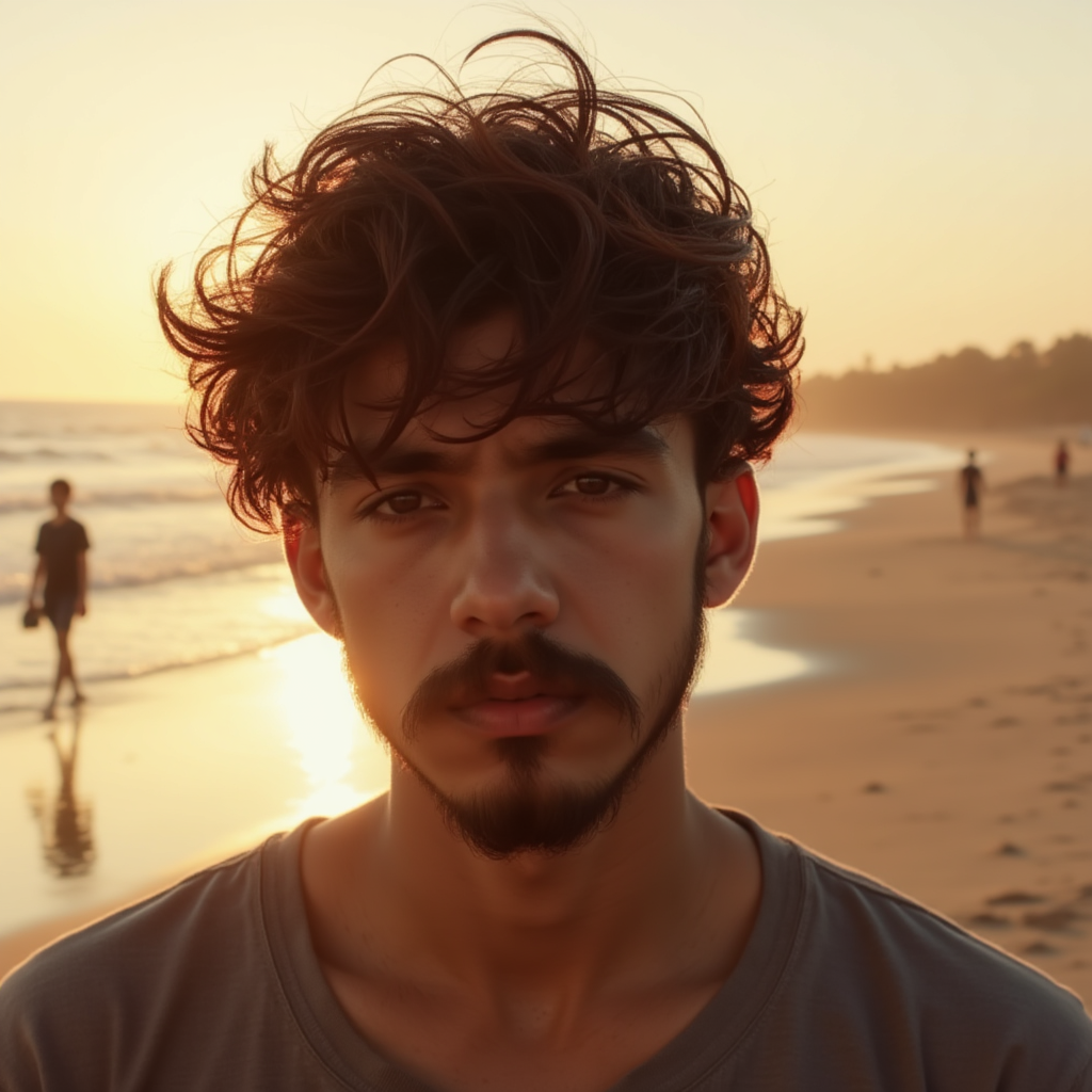 A realistic photo of a 22-year-old man standing on a beach at sunset. He has slightly curly, tousled dark hair blowing in the wind, partially covering his eyes. His expression is calm and introspective. The background is softly blurred, with warm golden tones and another person walking in the distance. The lighting is moody and cinematic, with a painterly glow.