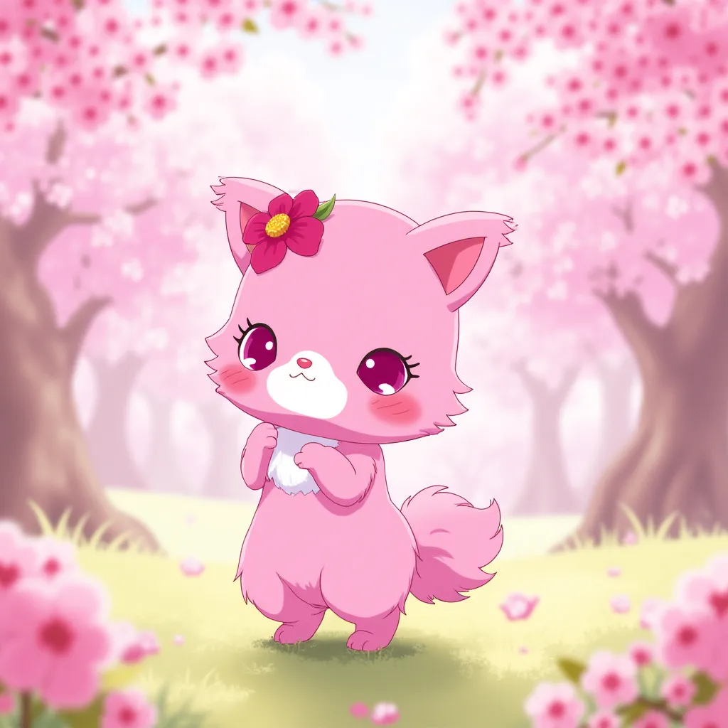 Cute Garnet jewlpet standing up, digital illustration, vibrant pastel colors, inspired by  Sanrio's adorable character designs, soft watercolor style, outdoor setting within a blooming cherry blossom garden, dreamy and whimsical, octane render, highly detailed, (fantasy vivid colors:1.3), (kawaii elements:1.2), overhead view with a wide angle lens, gentle ambient light, (artstation:1.1), (hyperrealistic details:1.25).