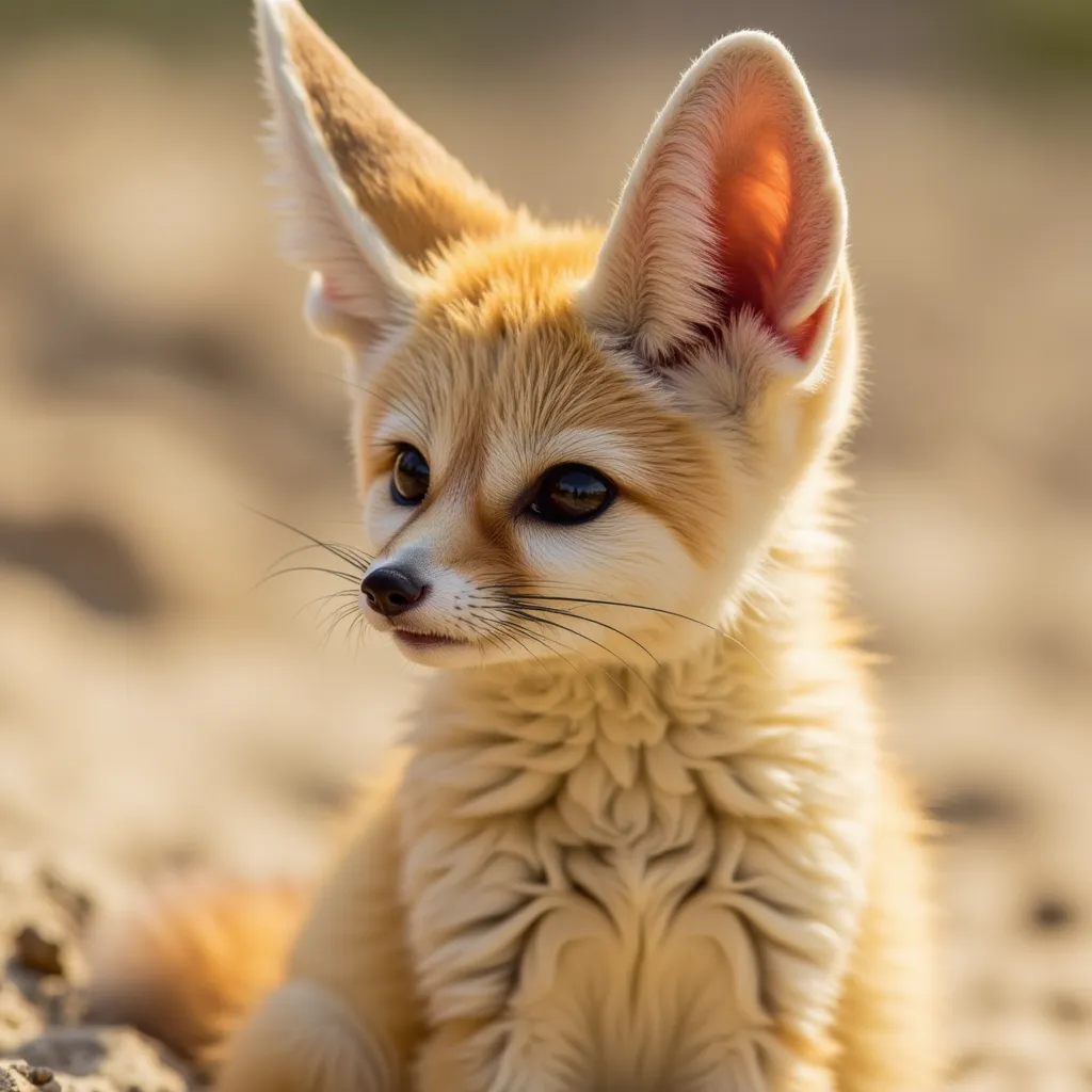 Cute fennec fox in a desert environment, realistic photograph, natural colors, inspired by National Geographic wildlife photographers, Canon EF 800mm lens, close-up shot, high resolution, natural light, (detailed fur texture:1.3), (sharp focus:1.2).