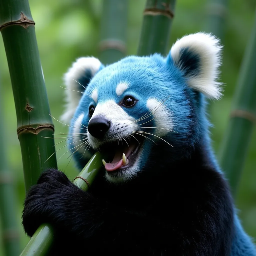 Windows 7 wallpaper, (close-up) a blue panda, eating bamboo, on a Atlantic forest. A white title on photo says "Windows 7"