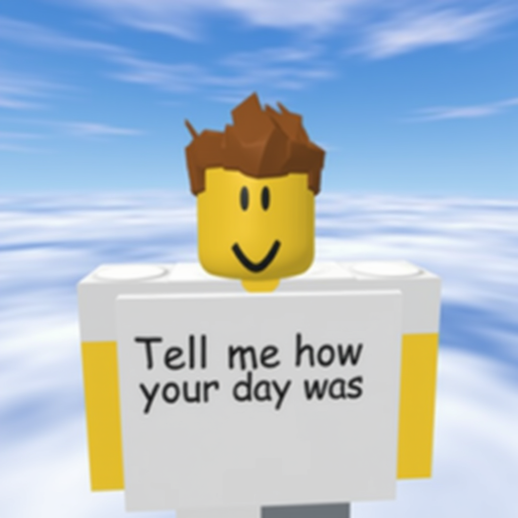 Old Roblox (2007), a character, yellow skin tone, white shirt, holding a white sign saying "Tell me how your day was", on a sky background