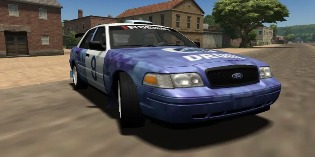 ps1 screencap of 2005 Ford Crown Victoria WRC rally car with bodykit, sideskirts and spoiler, front view