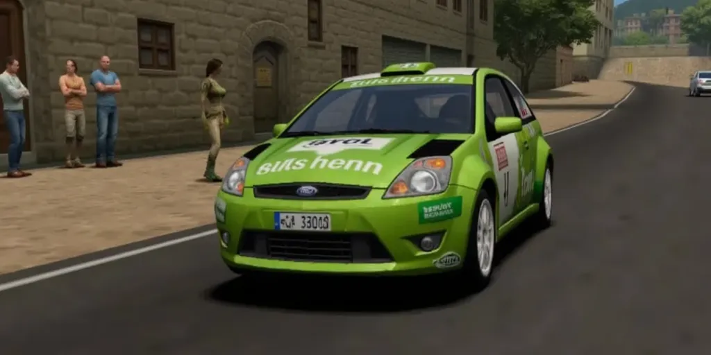 ps1 screencap of 2006 Ford Fiesta WRC rally car with Shrek branding