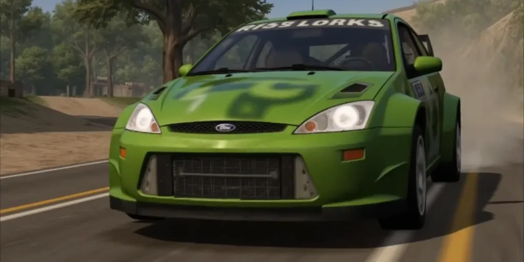 ps1 screencap of 2003 Ford Focus WRC rally car with Shrek branding
