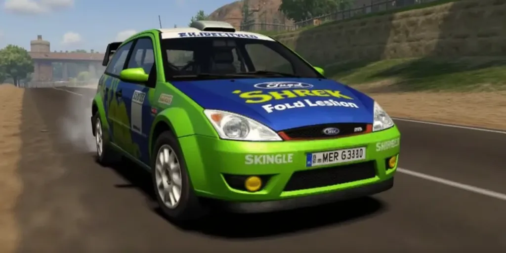 ps1 screencap of 2003 Ford Focus WRC rally car with Shrek branding and Ford branding