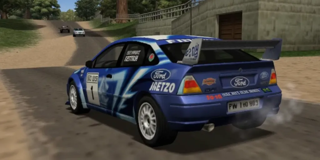 ps1 screencap of 2003 Ford Focus WRC rally car with This user needs buzz! branding with lightning symbols and Ford branding