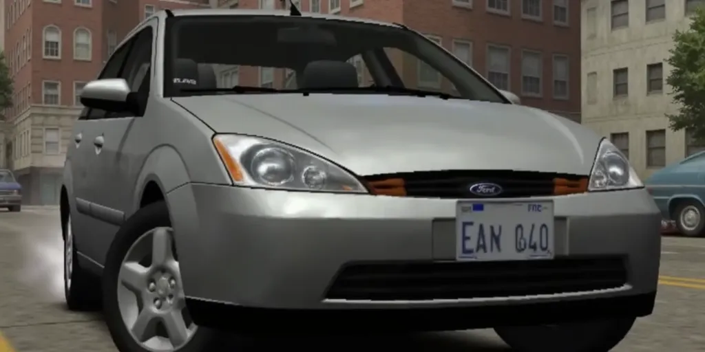 ps1 screenscap of an silver 2003 Ford Focus with wrecked damage, such as an busted up front and broken glass