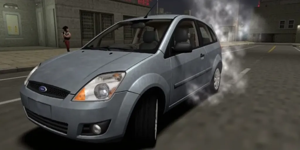 ps1 screenscap of an silver 2006 Ford Fiesta with wrecked damage, such as an busted up front and broken glass