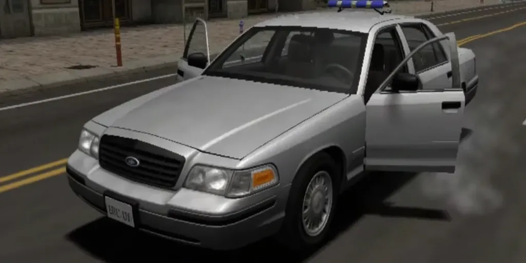 ps1 screenscap of an silver 2001 Ford Crown Victoria with wrecked damage, such as an busted up front and broken glass