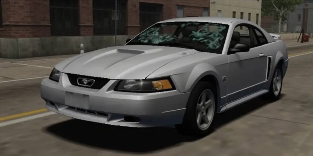 ps1 screenscap of an silver 2002 Ford Mustang with wrecked damage, such as an busted up front and broken glass