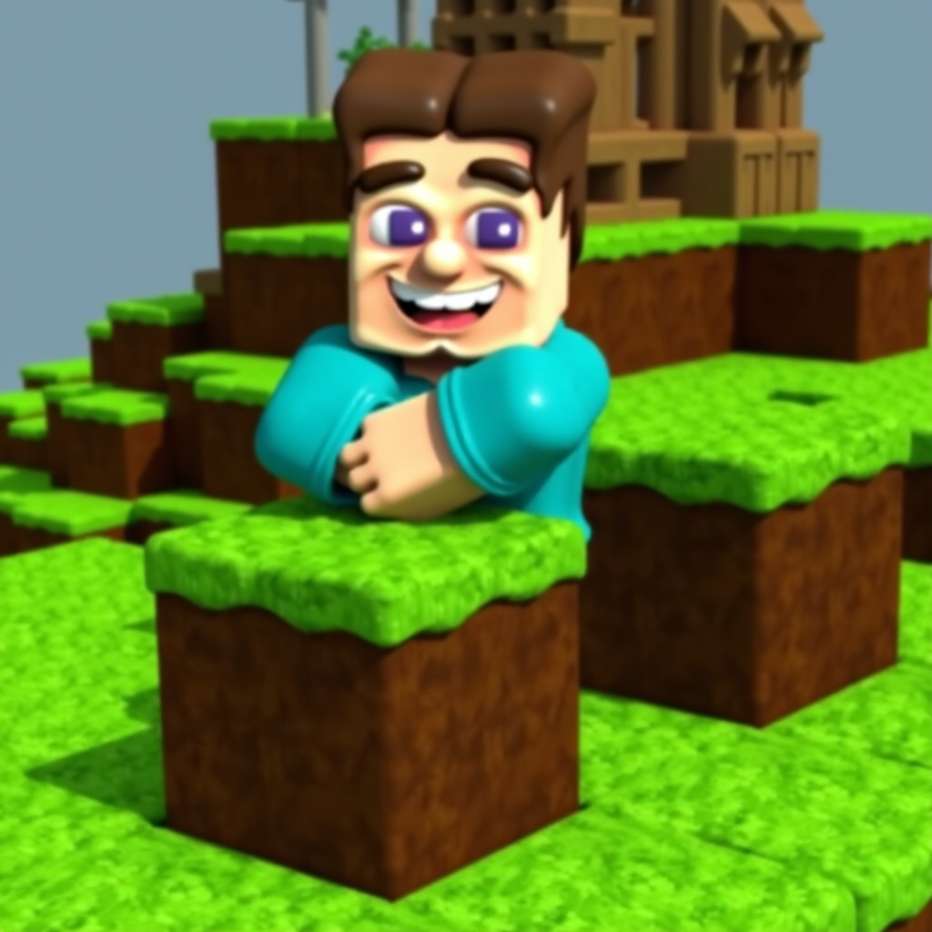 "Grotesque Steve" leaning over a grassy block in a stylized, cartoonish 3D environment. The terrain features vibrant green grass atop brown soil blocks, resembling a Minecraft-inspired aesthetic. Steve’s arm and hand rest on the block, with a visible teal shirt and beige skin tone. The background includes other green-topped blocks and a wooden structure, all depicted in the same colorful, simplistic style. The scene conveys a playful and exaggerated design typical of animations or parodies associated with voxel-based worlds.