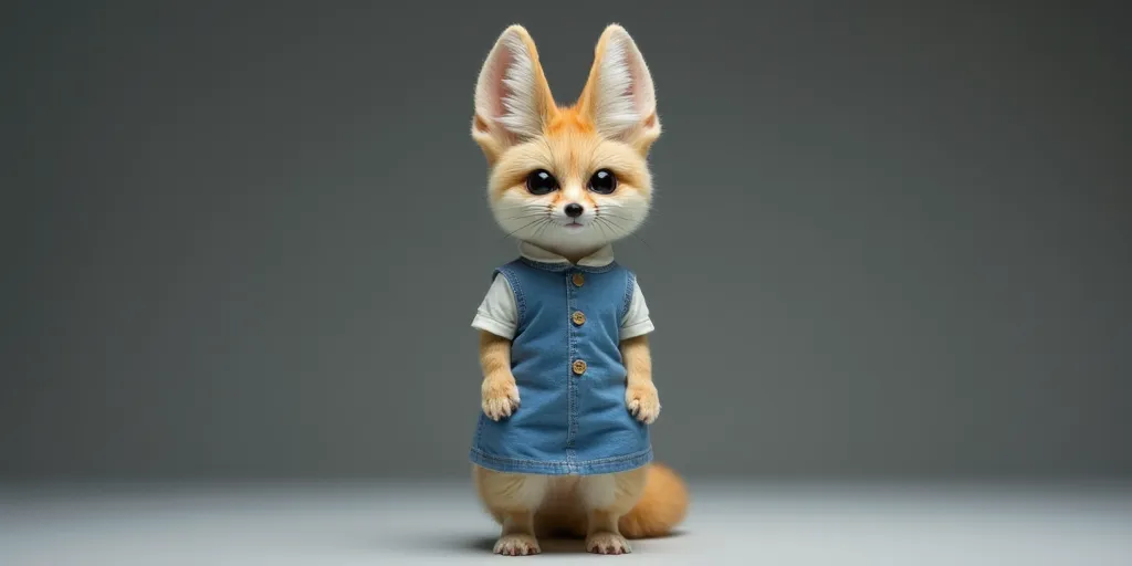 Cute anthropomorphic fennec fox standing up, wearing a blue dress, no shoes, realistic photograph, studio lighting, sharp focus, highly detailed, vivid colors, full body portrait, 35mm lens, UHD, natural pose, golden ratio composition.