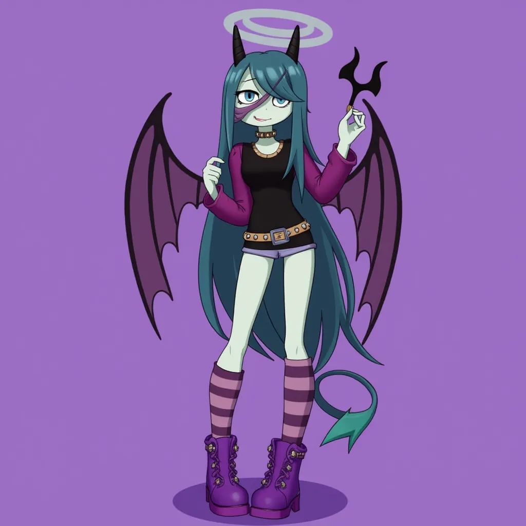 TADC!Skyray has long dark teal hair with bluish grey to grayish mint eyes, her hair covers one of her eyes. She has a black shirt with dark mauve sleeves, a studded choker, and a studded belt. She wore mauve and dark mauve striped socks with a studded purple boots with dark purple soles on them. She has black demon horns, wings, and a tail with a gray halo on it. In circus style
