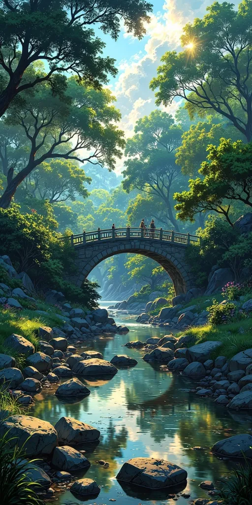 Old bridge over a river, dense foreset, small bridge, clear water, reflections, stones, lens flare, god rays, birds, shadows, greenery