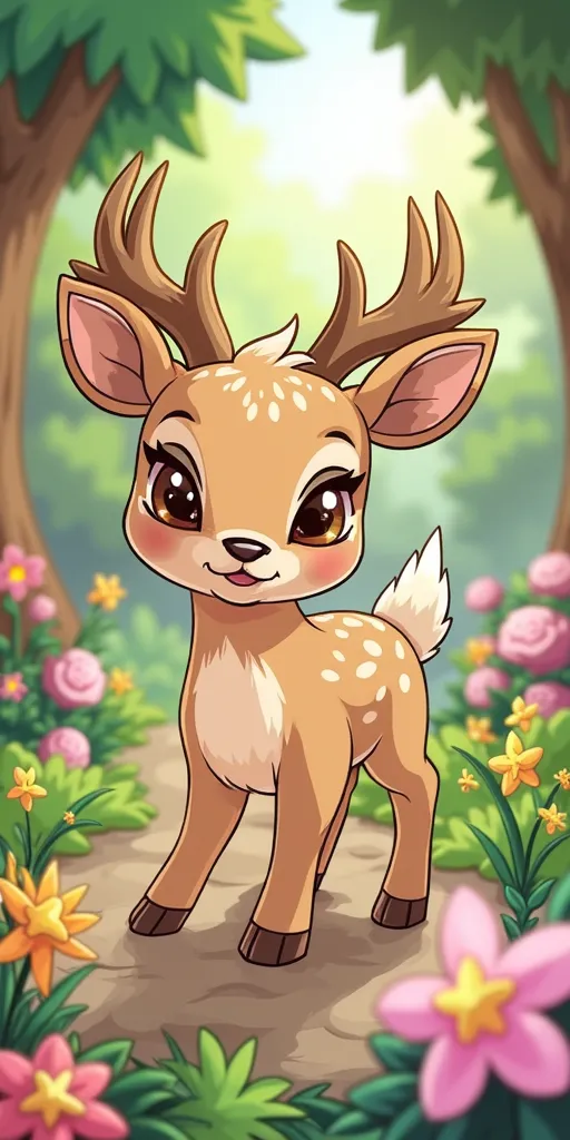 Cute deer, digital illustration, Neopets style, cartoonish, vibrant colors, playful and whimsical atmosphere, forest background with magical elements, inspired by  neopets, soft lighting, wide angle, highly detailed, fantasy vivid colors, 8K resolution.