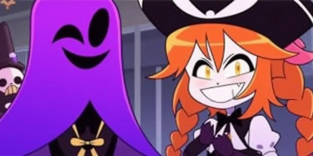 A purple pirate ghost in a black hat stands next to a girl with an orange hairstyle, in the middle is a monokuma from danganrompa 