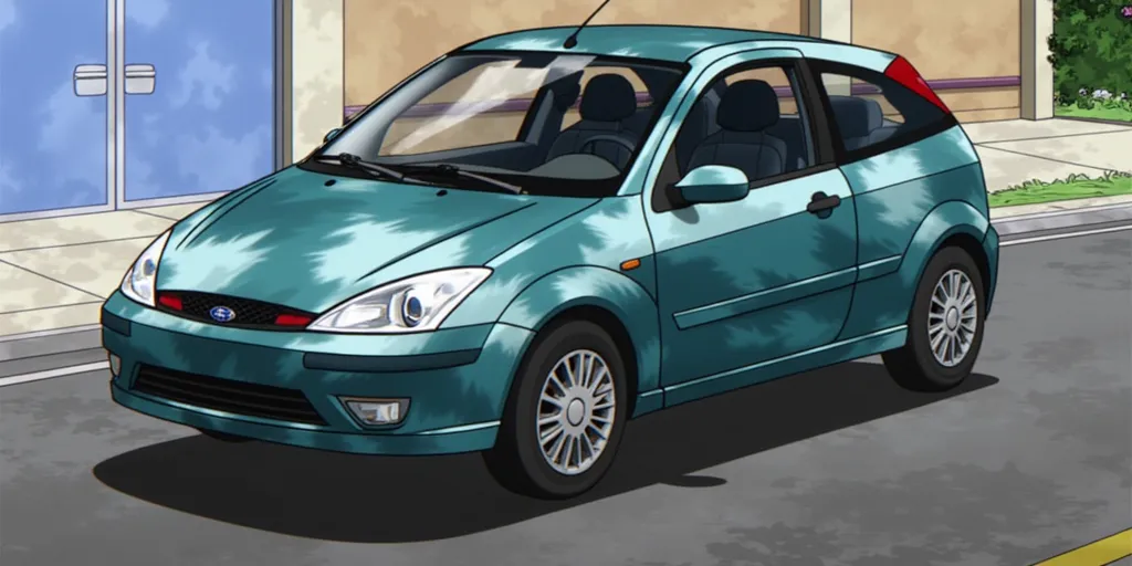 My Hero Academia style, 2002 Ford Focus, three-door hatchback, screenshot from My Hero Academia