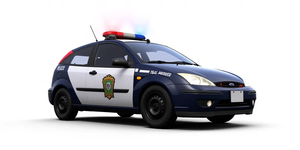 super smash bros ultimate render, white background, 2002 Ford Focus, police car, three-door hatchback