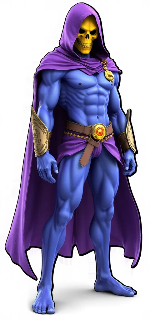 super smash bros ultimate render, white background, Skeletor, full-body, blue skin, yellow skull, purple hood