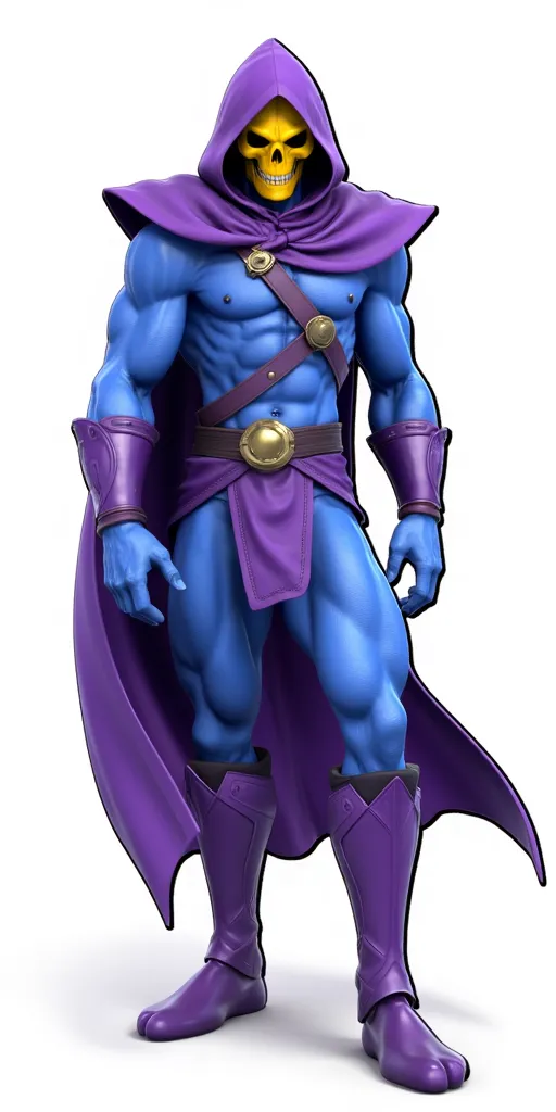super smash bros ultimate render, white background, Skeletor, full-body, blue skin, yellow skull, purple hood, purple chest armor, purple boots