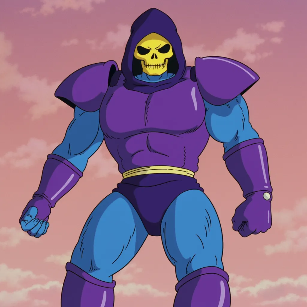 ghiblistyle, source_anime, Ghiblistyle, anime coloring, Skeletor, blue skin, yellow skull, purple hood, purple chest armor, purple boots