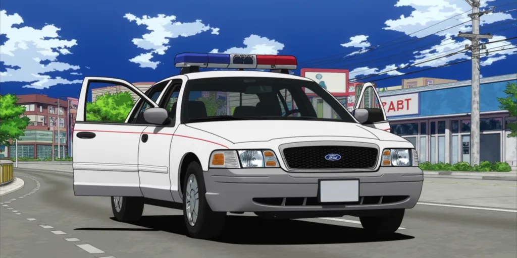 My Hero Academia style, 2001 Ford Crown Victoria, front view, screenshot from My Hero Academia, source_anime