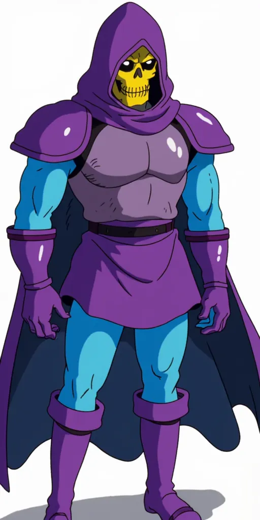 ghiblistyle, source_anime, Ghiblistyle, anime coloring, Skeletor, blue skin, yellow skull, purple hood, purple chest armor, purple boots, full-body